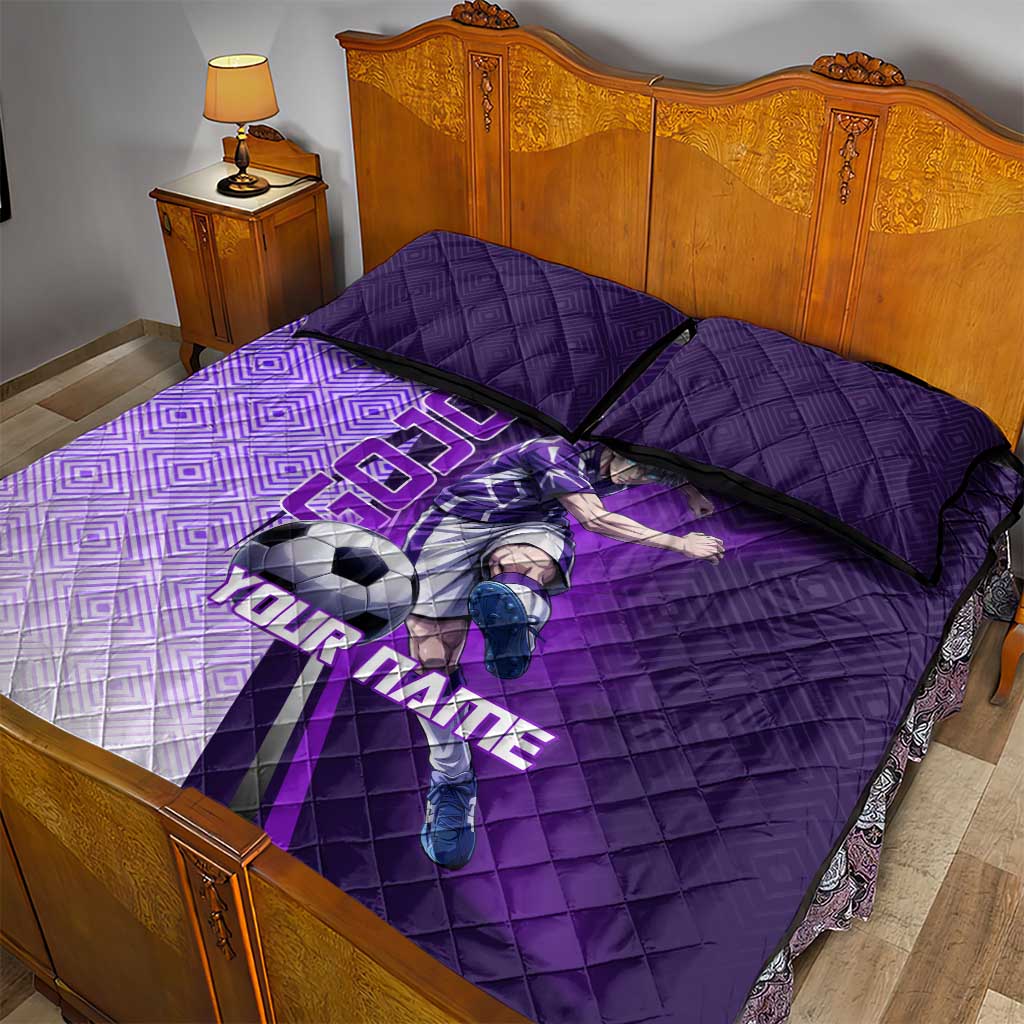 Personalized Gojo Satoru Jujutsu Kaisen Soccer Theme Quilt Bed Set with Kicking Pose and Purple Gradient Geometric Graphic Design - The Mazicc