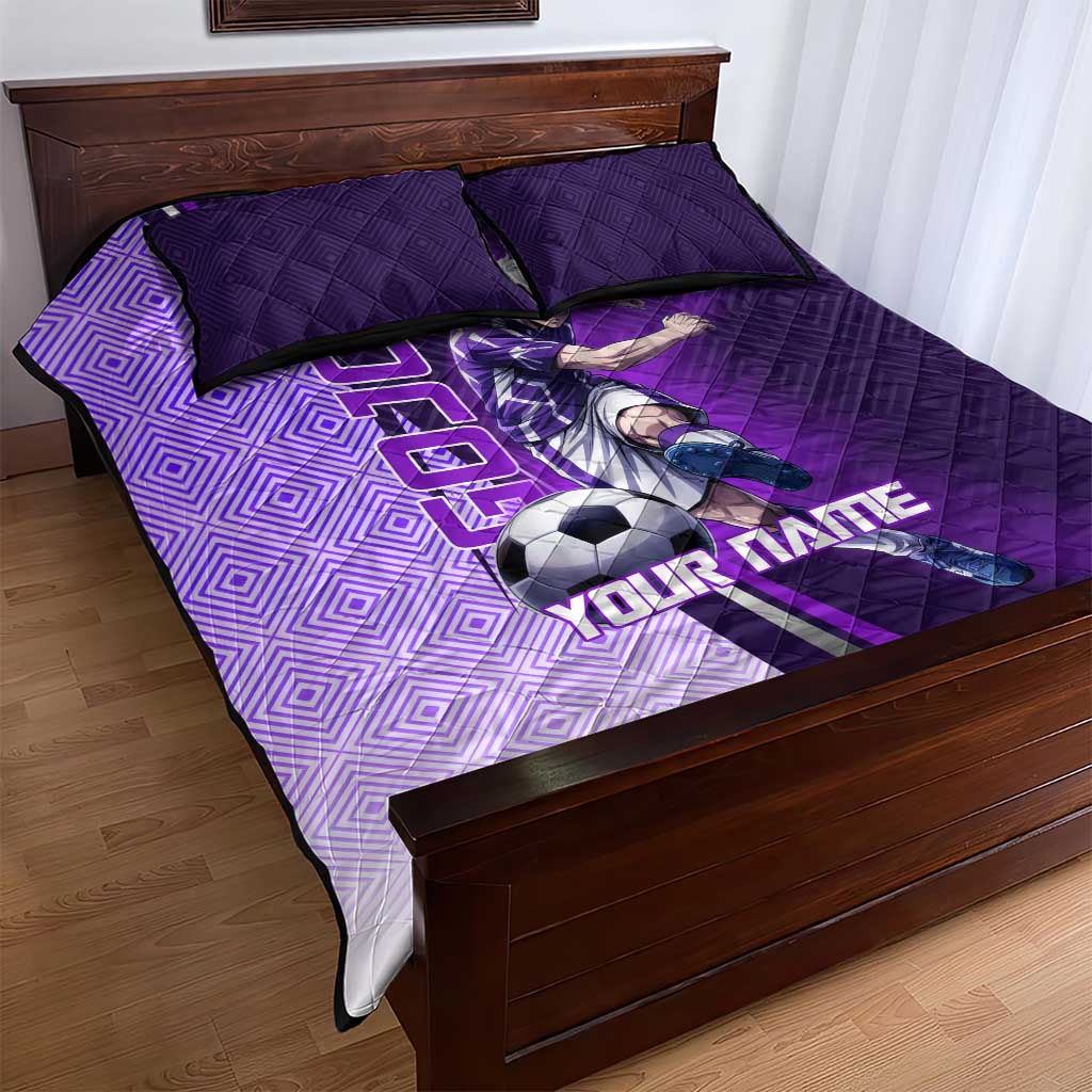 Personalized Gojo Satoru Jujutsu Kaisen Soccer Theme Quilt Bed Set with Kicking Pose and Purple Gradient Geometric Graphic Design - The Mazicc