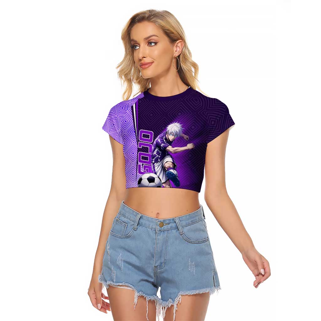 Personalized Gojo Satoru Jujutsu Kaisen Soccer Theme Raglan Cropped T Shirt with Kicking Pose and Purple Gradient Geometric Graphic Design - The Mazicc
