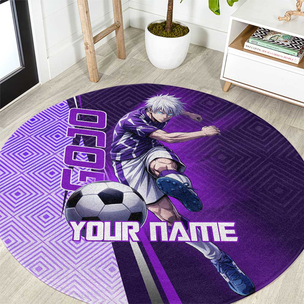 Personalized Gojo Satoru Jujutsu Kaisen Soccer Theme Round Carpet with Kicking Pose and Purple Gradient Geometric Graphic Design - The Mazicc