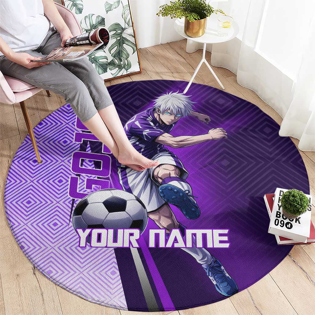 Personalized Gojo Satoru Jujutsu Kaisen Soccer Theme Round Carpet with Kicking Pose and Purple Gradient Geometric Graphic Design - The Mazicc