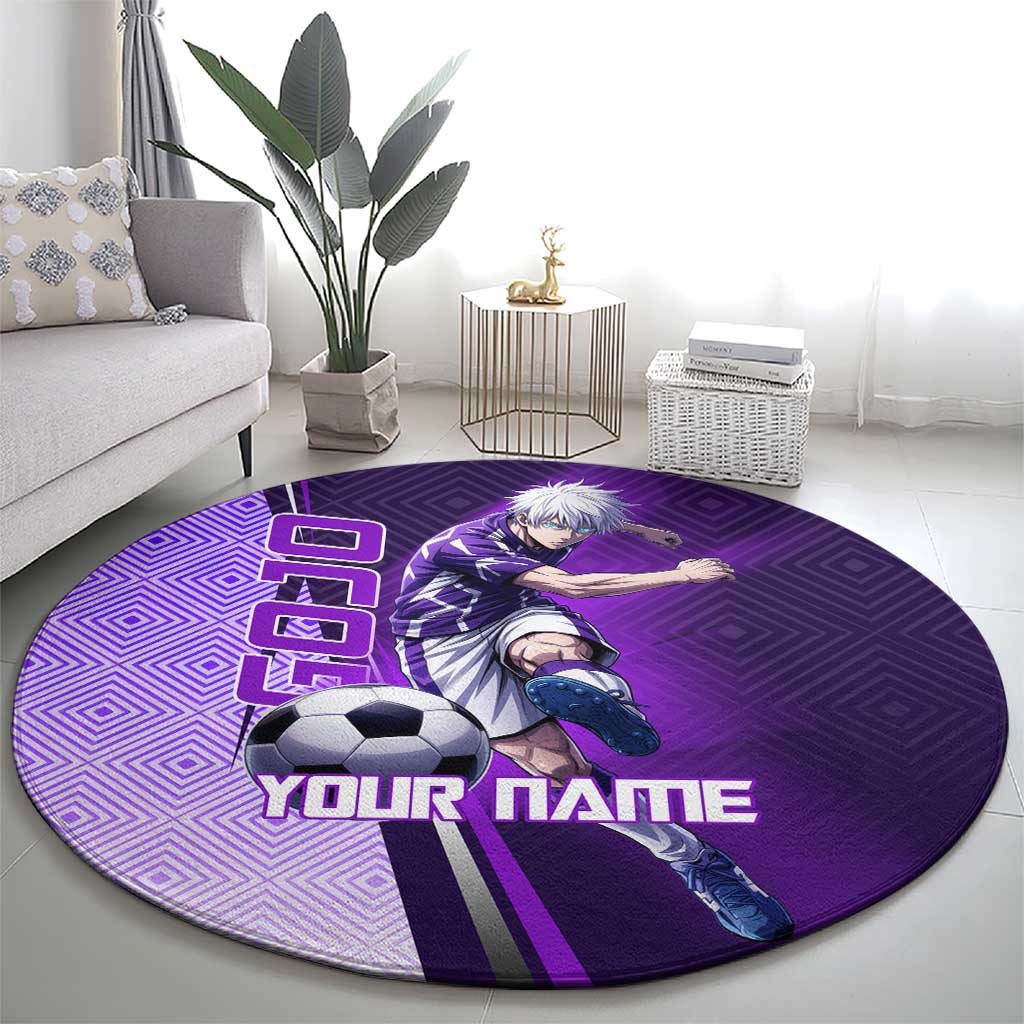 Personalized Gojo Satoru Jujutsu Kaisen Soccer Theme Round Carpet with Kicking Pose and Purple Gradient Geometric Graphic Design - The Mazicc