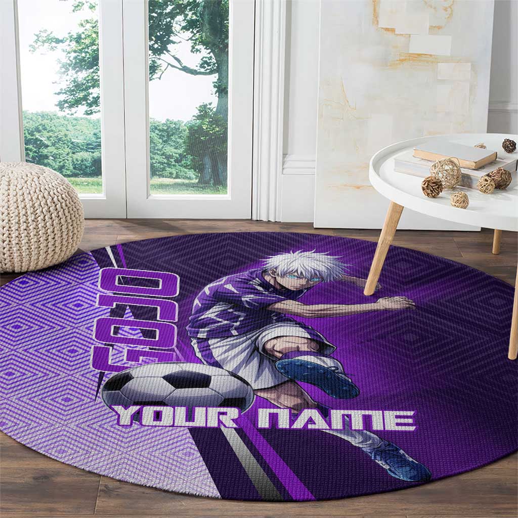 Personalized Gojo Satoru Jujutsu Kaisen Soccer Theme Round Carpet with Kicking Pose and Purple Gradient Geometric Graphic Design - The Mazicc
