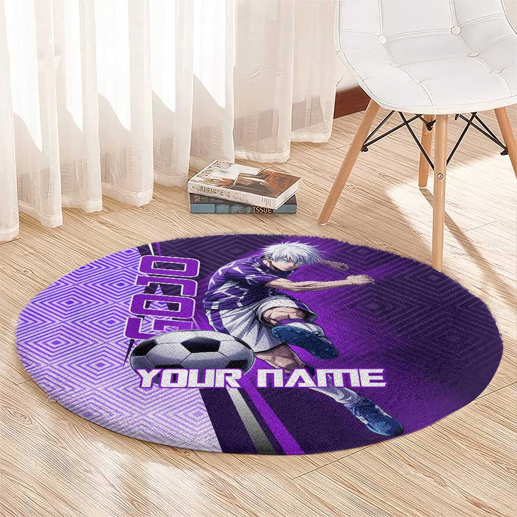 Personalized Gojo Satoru Jujutsu Kaisen Soccer Theme Round Carpet with Kicking Pose and Purple Gradient Geometric Graphic Design - The Mazicc