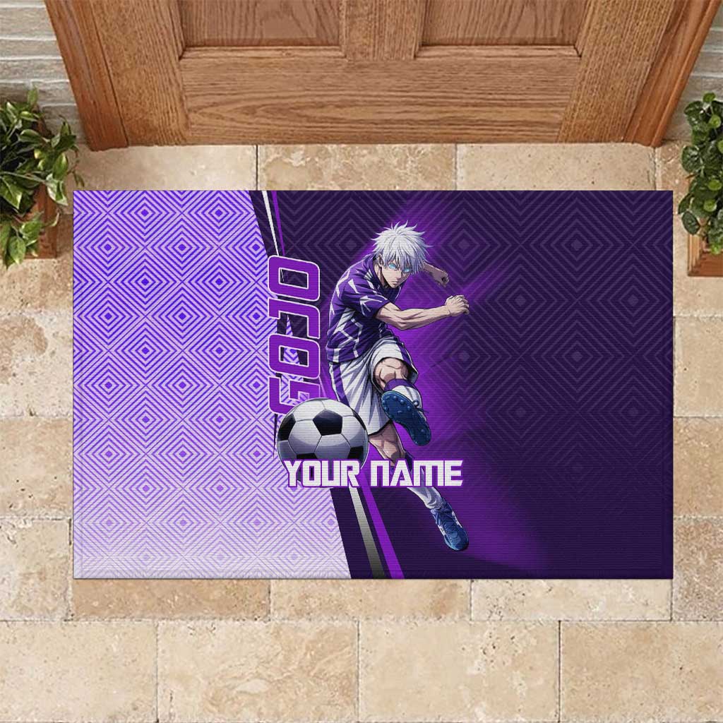 Personalized Gojo Satoru Jujutsu Kaisen Soccer Theme Rubber Doormat with Kicking Pose and Purple Gradient Geometric Graphic Design - The Mazicc