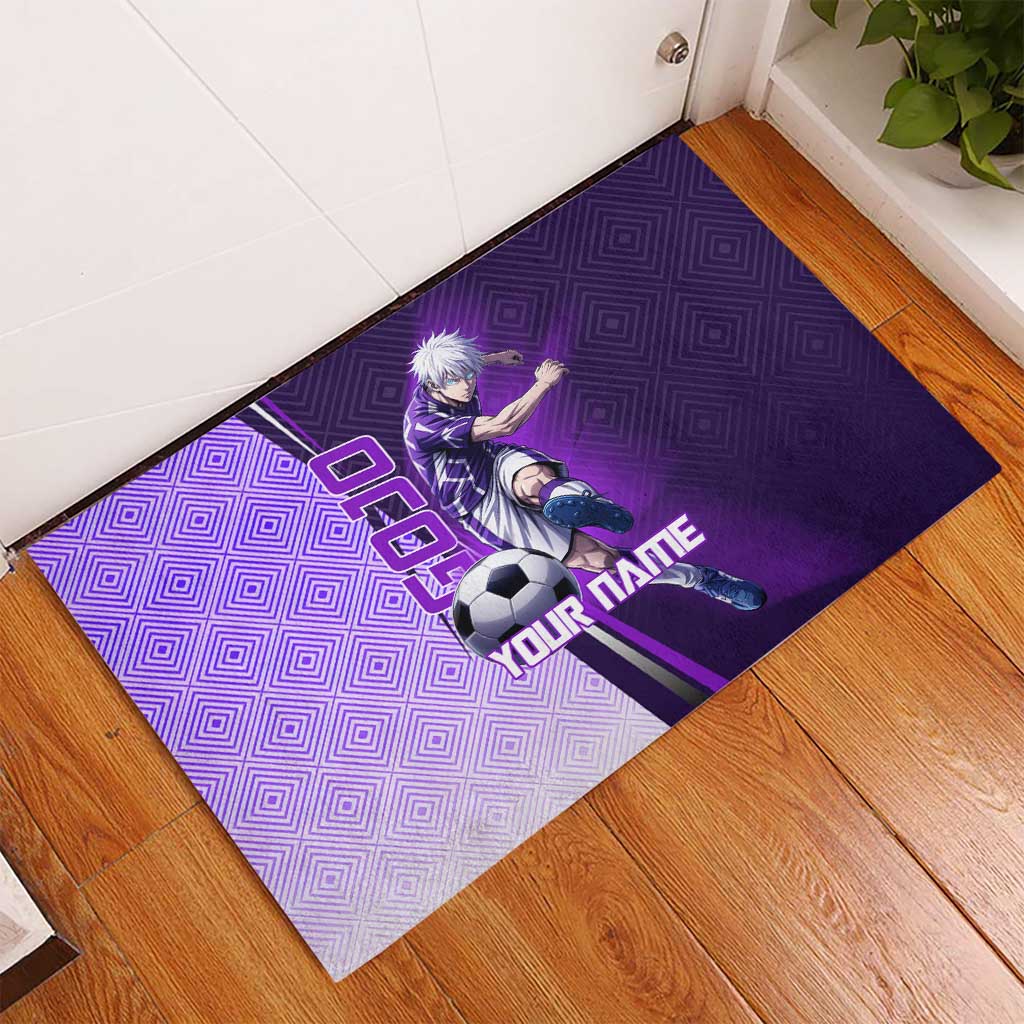 Personalized Gojo Satoru Jujutsu Kaisen Soccer Theme Rubber Doormat with Kicking Pose and Purple Gradient Geometric Graphic Design - The Mazicc