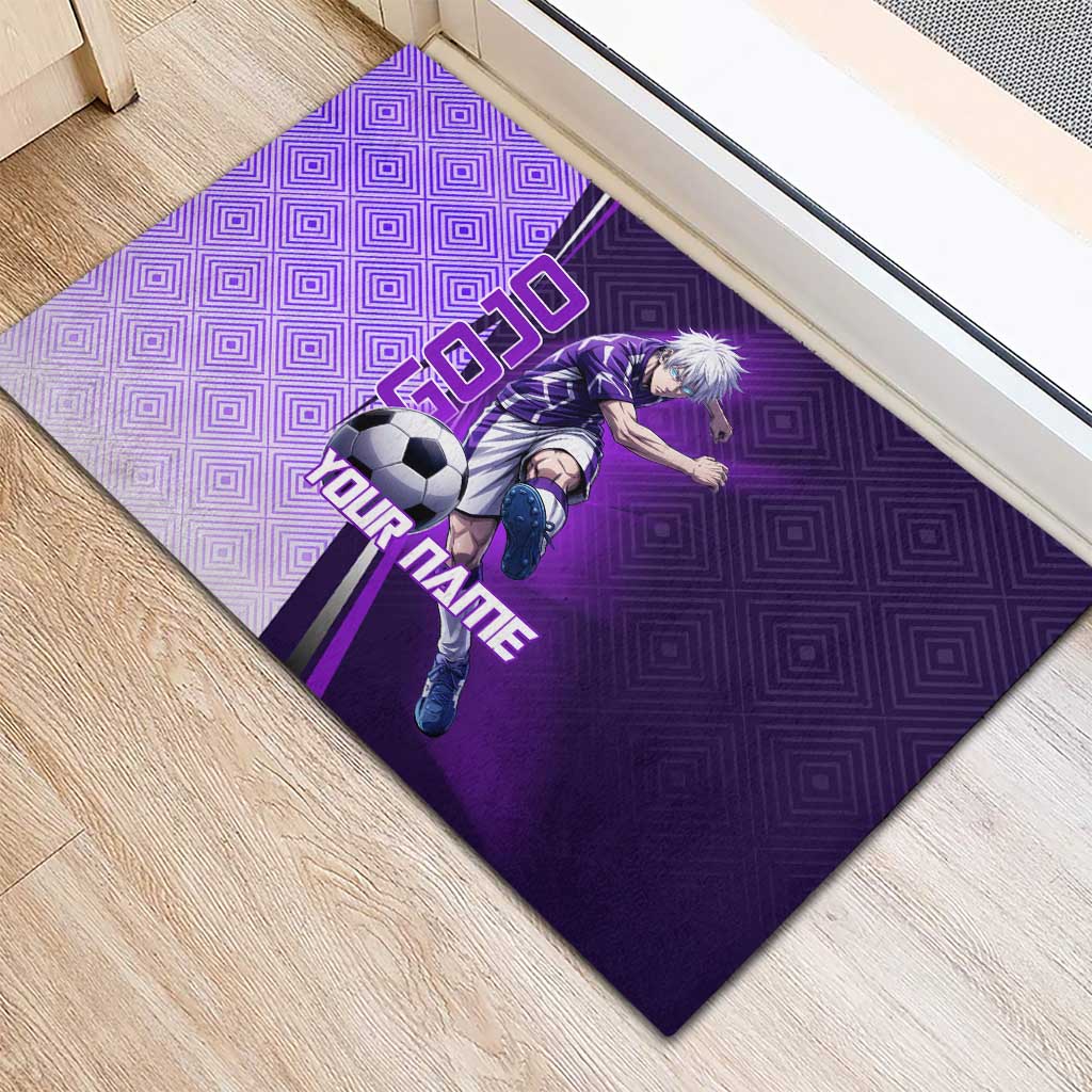 Personalized Gojo Satoru Jujutsu Kaisen Soccer Theme Rubber Doormat with Kicking Pose and Purple Gradient Geometric Graphic Design - The Mazicc