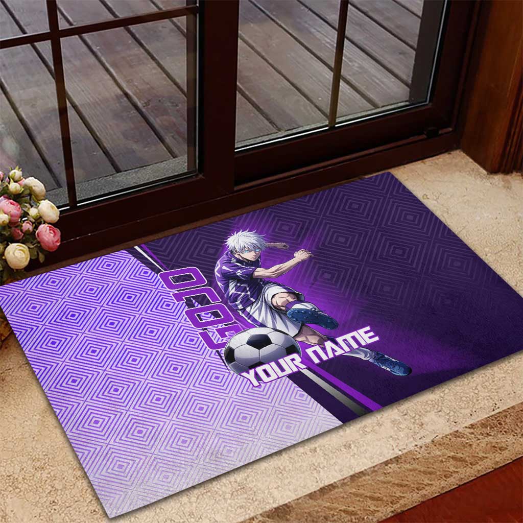Personalized Gojo Satoru Jujutsu Kaisen Soccer Theme Rubber Doormat with Kicking Pose and Purple Gradient Geometric Graphic Design - The Mazicc
