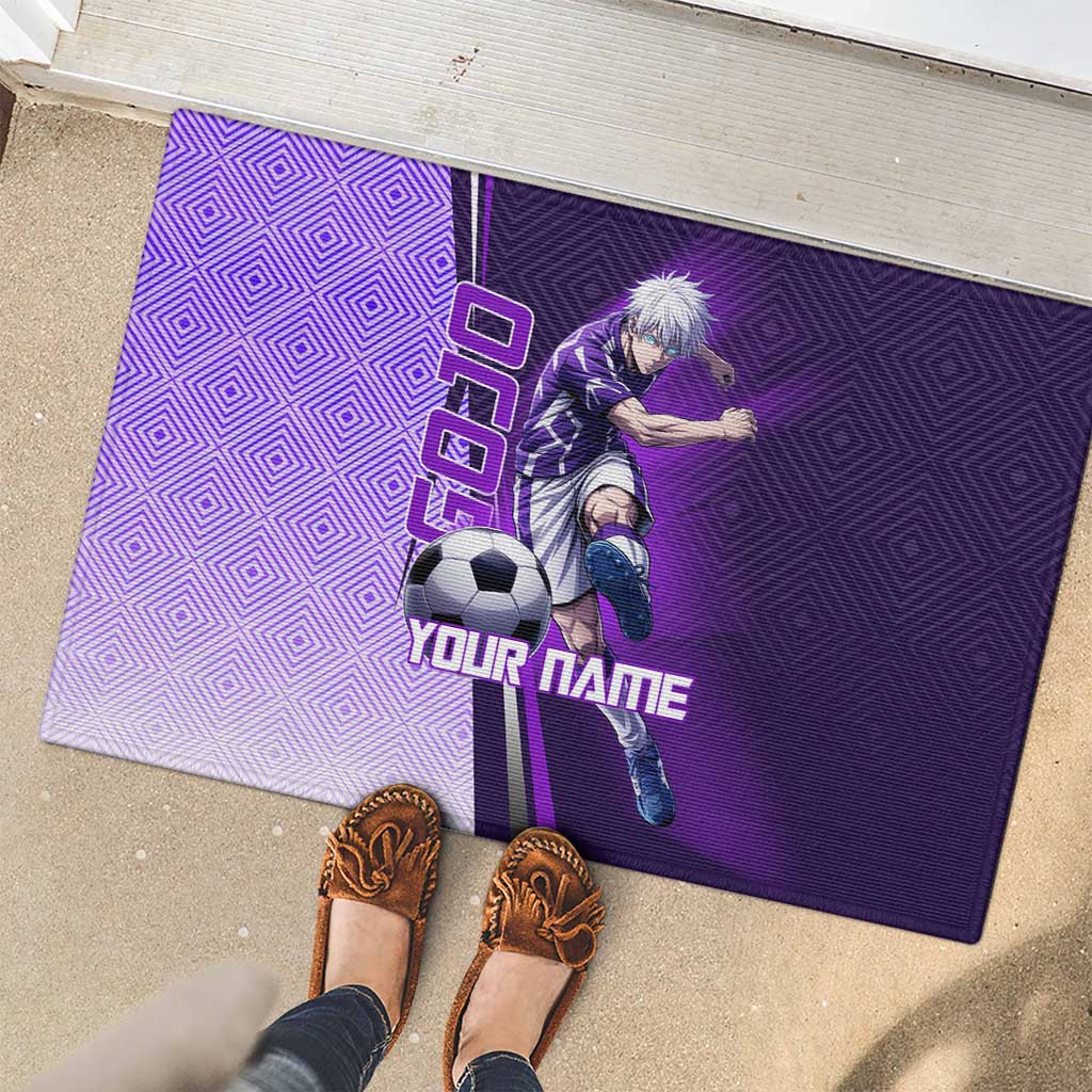 Personalized Gojo Satoru Jujutsu Kaisen Soccer Theme Rubber Doormat with Kicking Pose and Purple Gradient Geometric Graphic Design - The Mazicc