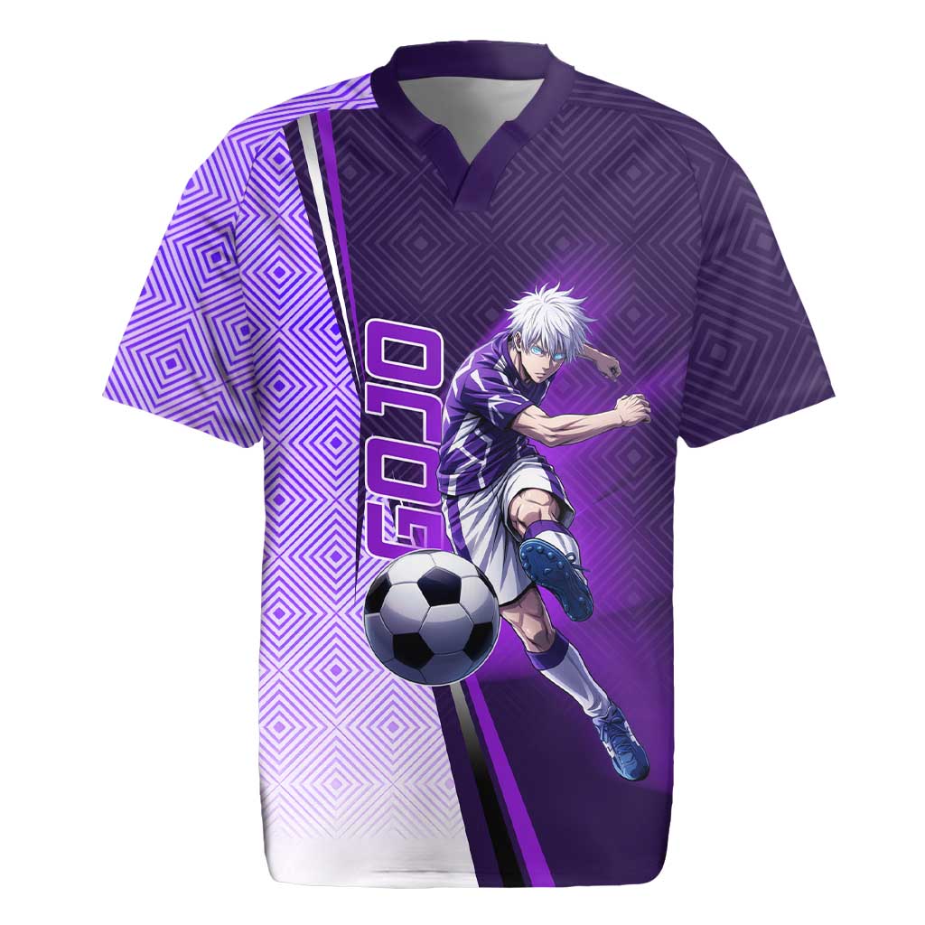 Personalized Gojo Satoru Jujutsu Kaisen Soccer Theme Rugby Jersey with Kicking Pose and Purple Gradient Geometric Graphic Design - The Mazicc