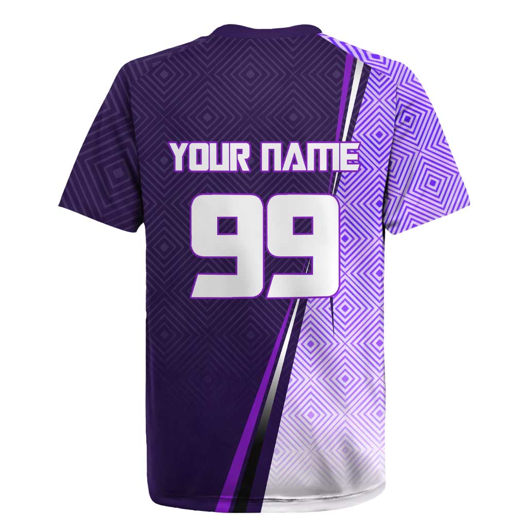Personalized Gojo Satoru Jujutsu Kaisen Soccer Theme Rugby Jersey with Kicking Pose and Purple Gradient Geometric Graphic Design - The Mazicc