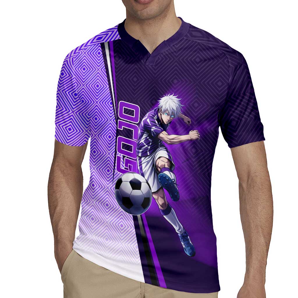 Personalized Gojo Satoru Jujutsu Kaisen Soccer Theme Rugby Jersey with Kicking Pose and Purple Gradient Geometric Graphic Design - The Mazicc