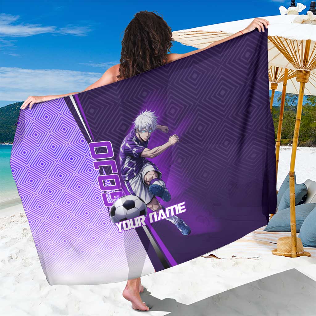 Personalized Gojo Satoru Jujutsu Kaisen Soccer Theme Sarong with Kicking Pose and Purple Gradient Geometric Graphic Design - The Mazicc