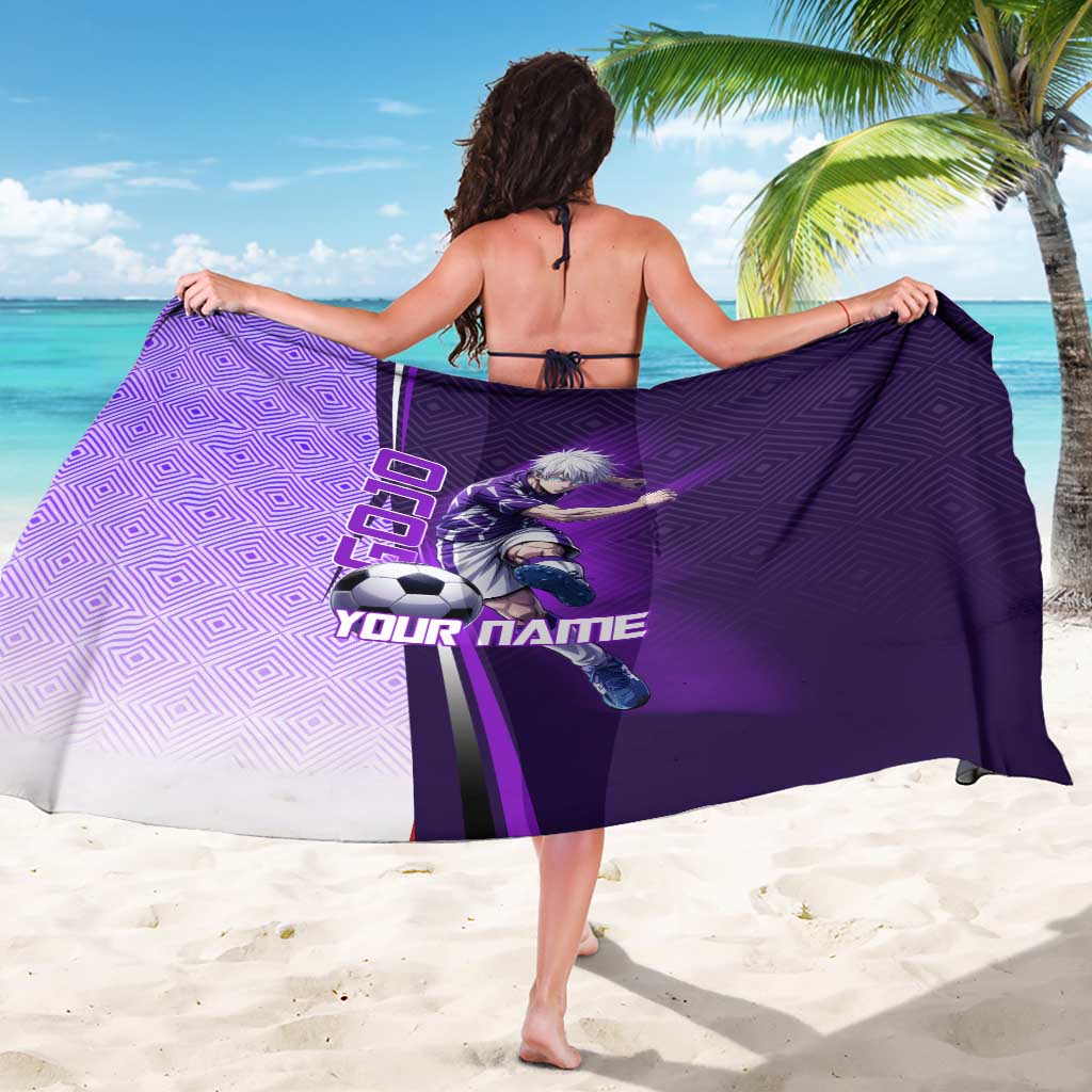 Personalized Gojo Satoru Jujutsu Kaisen Soccer Theme Sarong with Kicking Pose and Purple Gradient Geometric Graphic Design - The Mazicc
