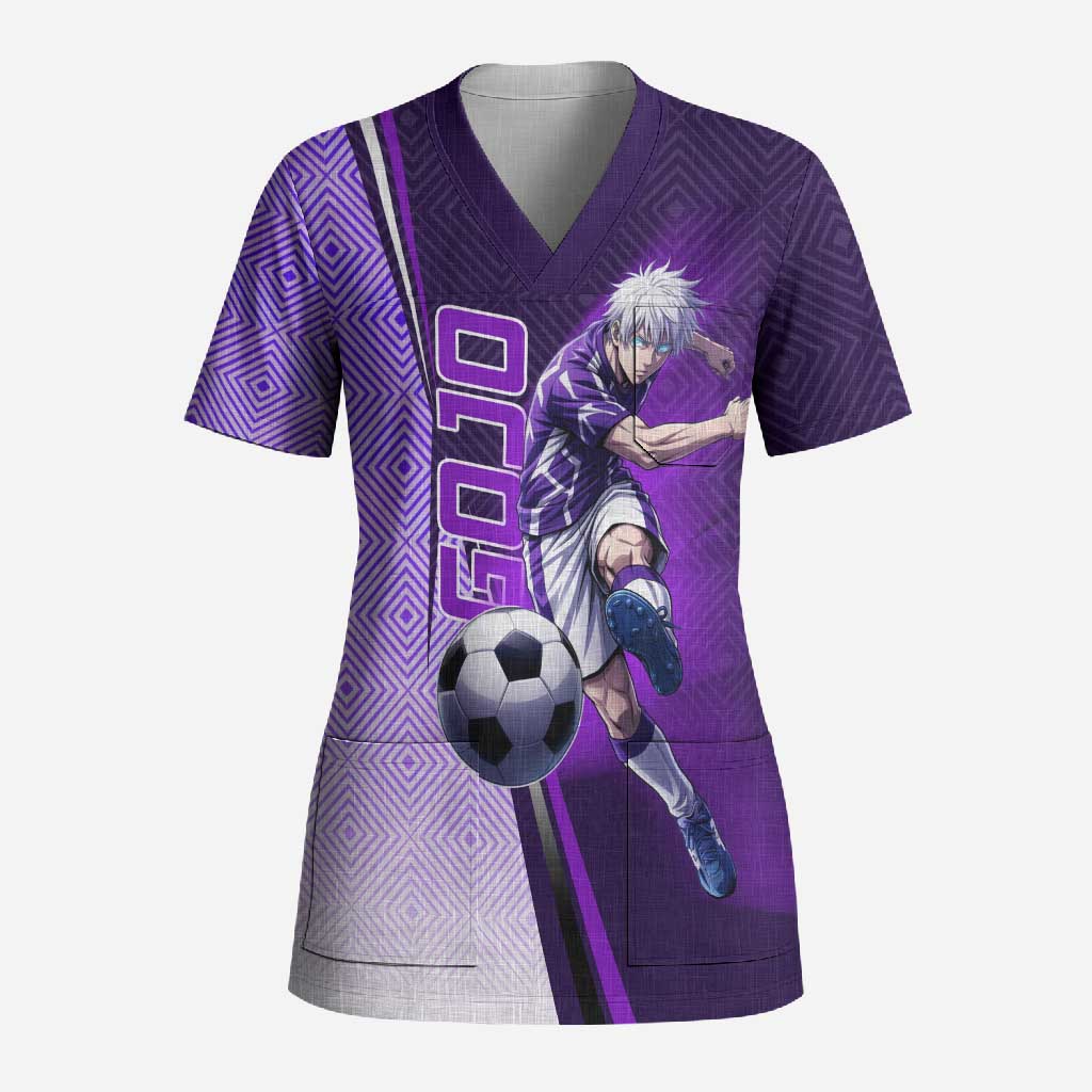 Personalized Gojo Satoru Jujutsu Kaisen Soccer Theme Scrub Top with Kicking Pose and Purple Gradient Geometric Graphic Design - The Mazicc