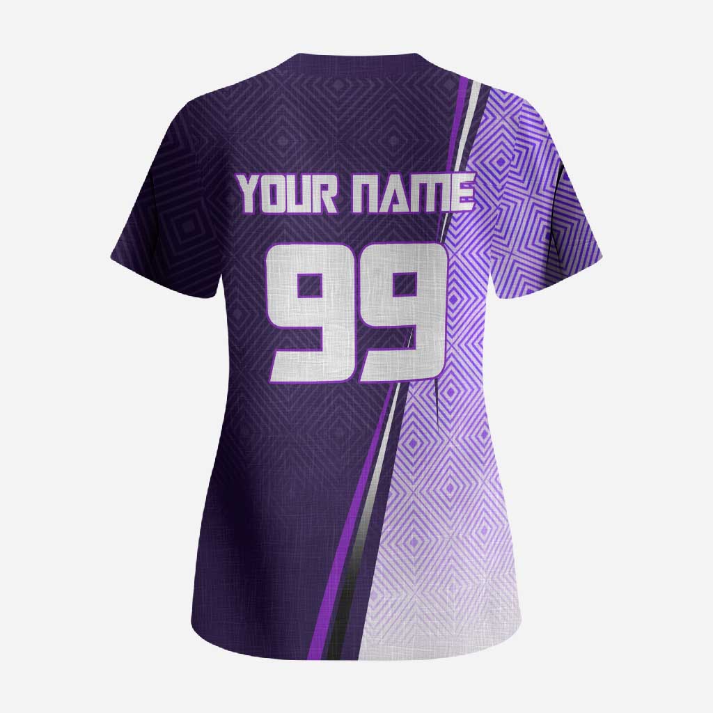 Personalized Gojo Satoru Jujutsu Kaisen Soccer Theme Scrub Top with Kicking Pose and Purple Gradient Geometric Graphic Design - The Mazicc