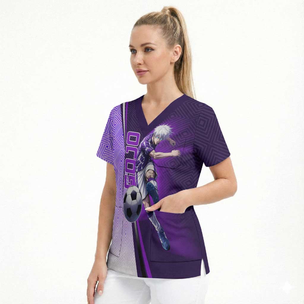 Personalized Gojo Satoru Jujutsu Kaisen Soccer Theme Scrub Top with Kicking Pose and Purple Gradient Geometric Graphic Design - The Mazicc