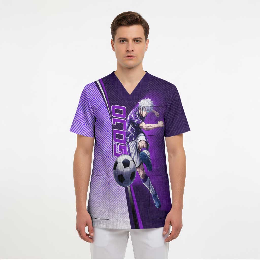 Personalized Gojo Satoru Jujutsu Kaisen Soccer Theme Scrub Top with Kicking Pose and Purple Gradient Geometric Graphic Design - The Mazicc