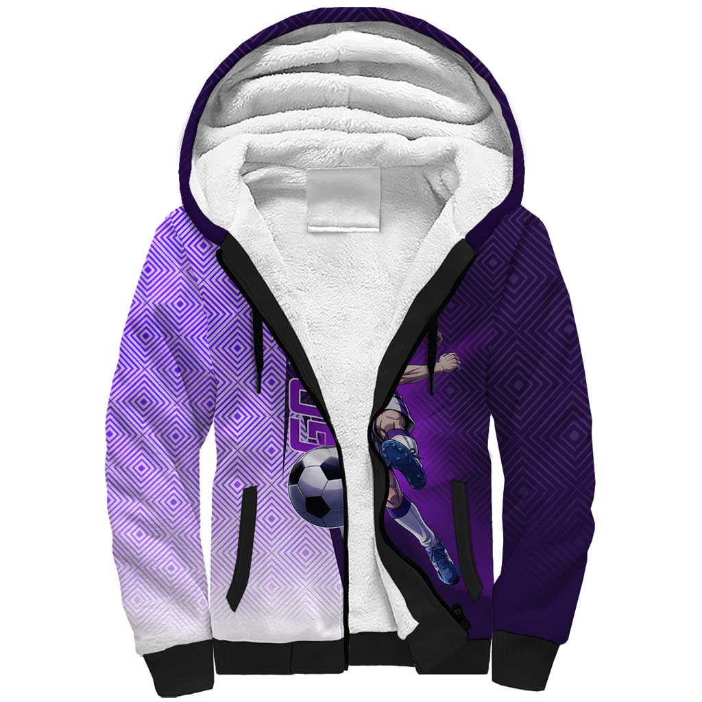 Personalized Gojo Satoru Jujutsu Kaisen Soccer Theme Sherpa Hoodie with Kicking Pose and Purple Gradient Geometric Graphic Design - The Mazicc