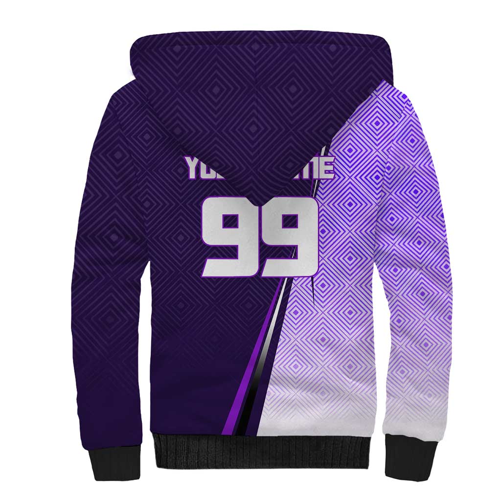 Personalized Gojo Satoru Jujutsu Kaisen Soccer Theme Sherpa Hoodie with Kicking Pose and Purple Gradient Geometric Graphic Design - The Mazicc