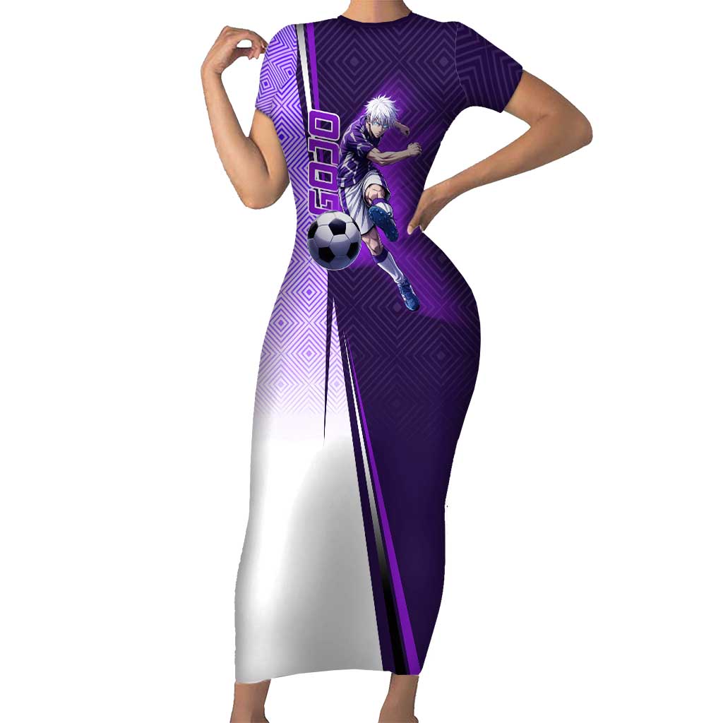 Personalized Gojo Satoru Jujutsu Kaisen Soccer Theme Short Sleeve Bodycon Dress with Kicking Pose and Purple Gradient Geometric Graphic Design - The Mazicc