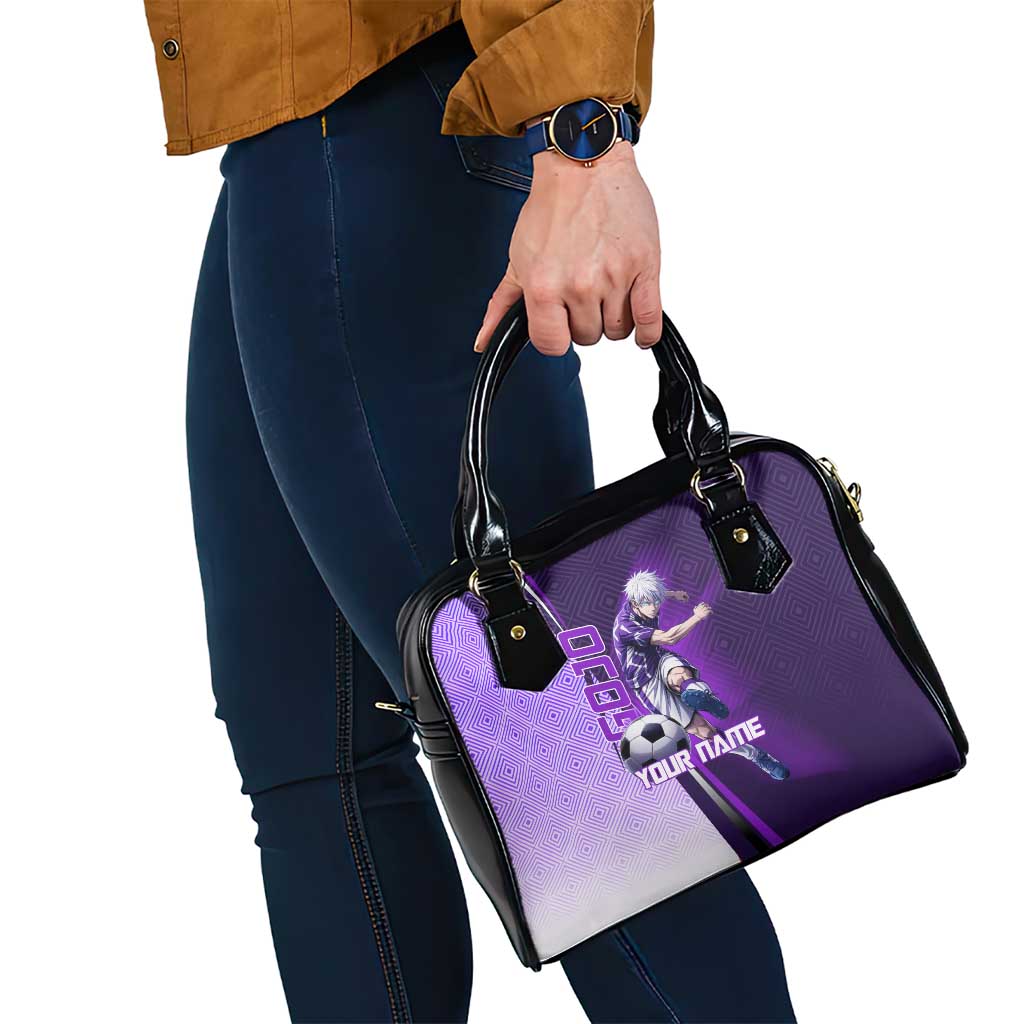 Personalized Gojo Satoru Jujutsu Kaisen Soccer Theme Shoulder Handbag with Kicking Pose and Purple Gradient Geometric Graphic Design - The Mazicc