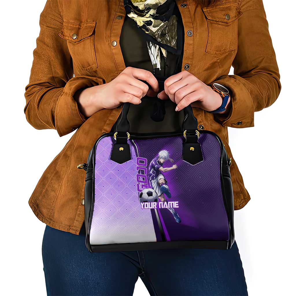 Personalized Gojo Satoru Jujutsu Kaisen Soccer Theme Shoulder Handbag with Kicking Pose and Purple Gradient Geometric Graphic Design - The Mazicc