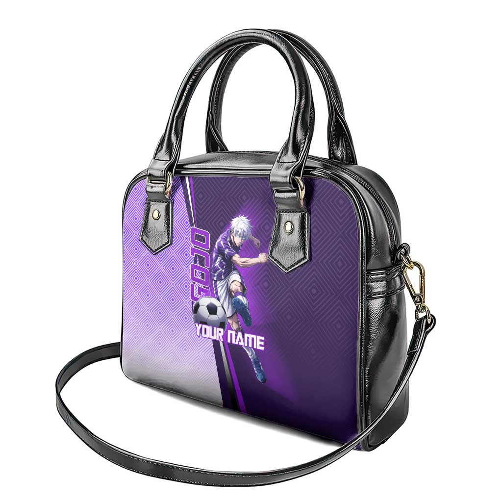 Personalized Gojo Satoru Jujutsu Kaisen Soccer Theme Shoulder Handbag with Kicking Pose and Purple Gradient Geometric Graphic Design - The Mazicc
