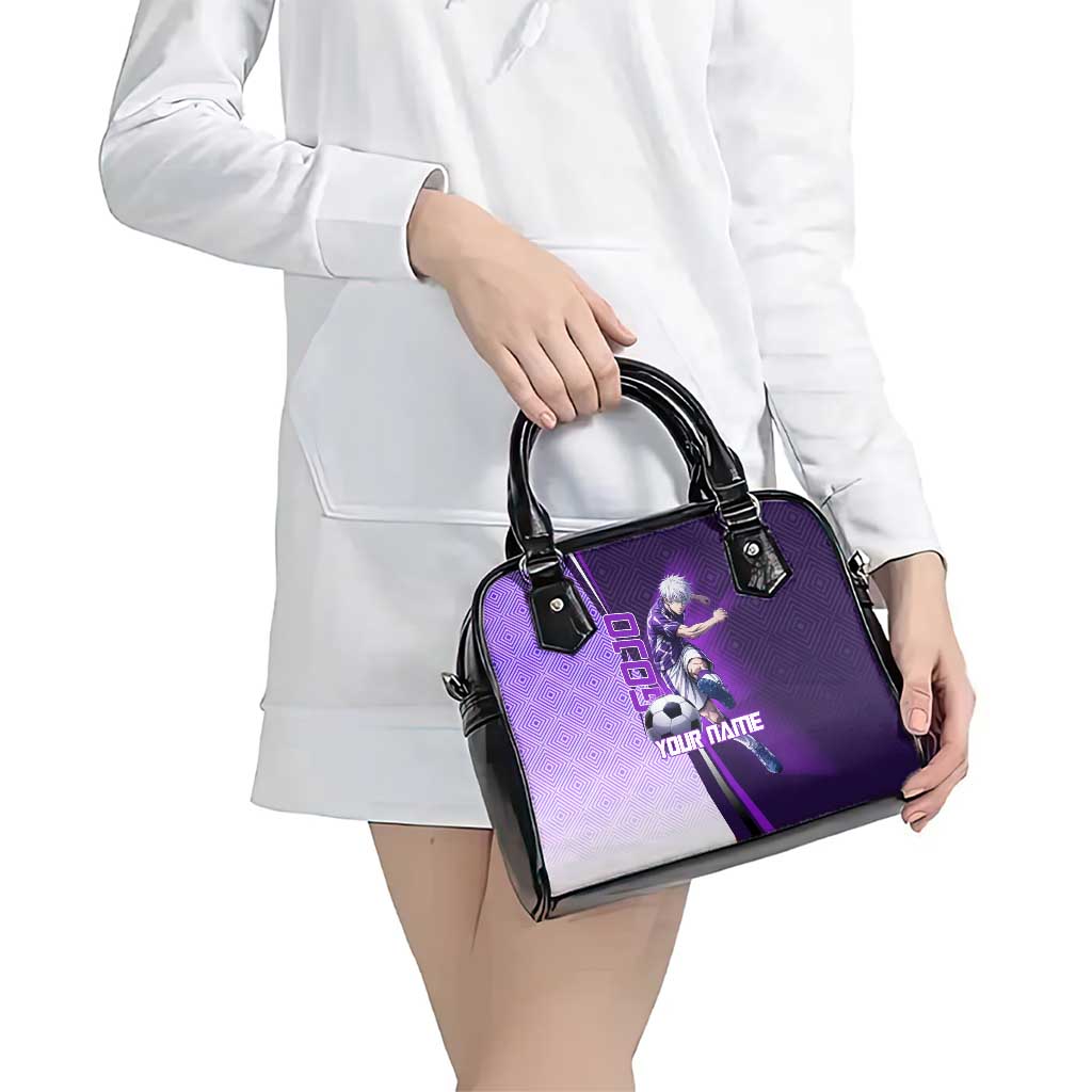Personalized Gojo Satoru Jujutsu Kaisen Soccer Theme Shoulder Handbag with Kicking Pose and Purple Gradient Geometric Graphic Design - The Mazicc