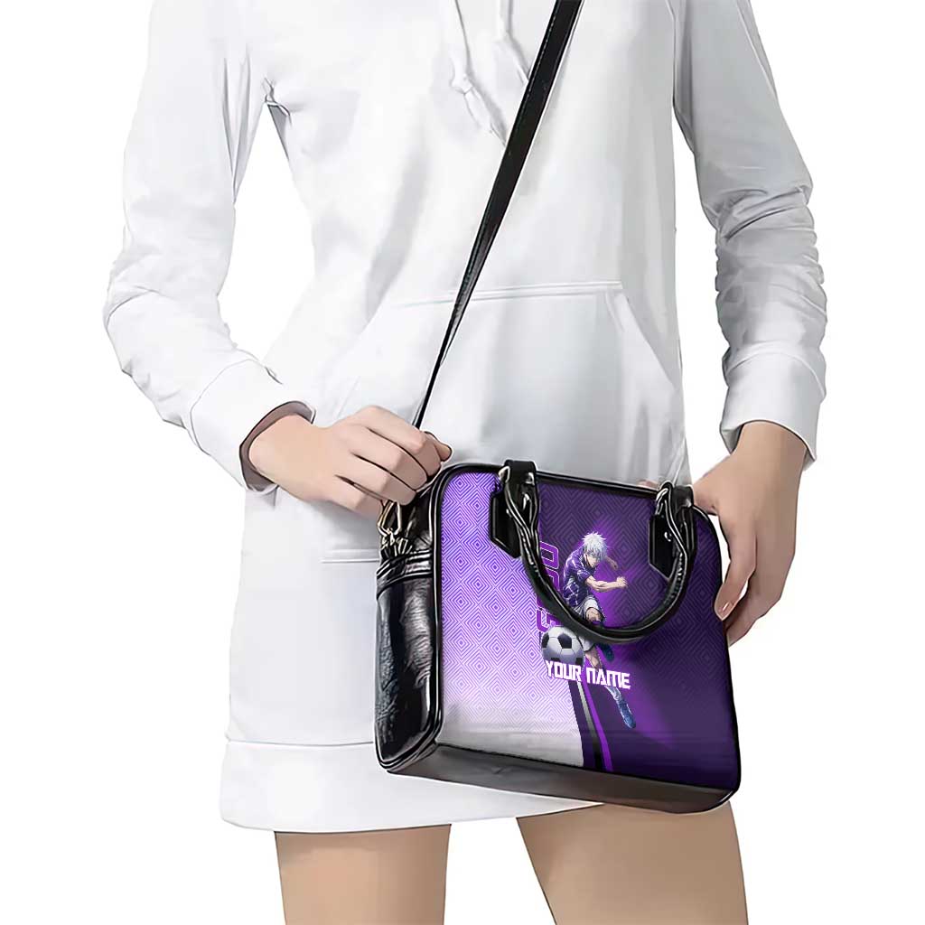 Personalized Gojo Satoru Jujutsu Kaisen Soccer Theme Shoulder Handbag with Kicking Pose and Purple Gradient Geometric Graphic Design - The Mazicc