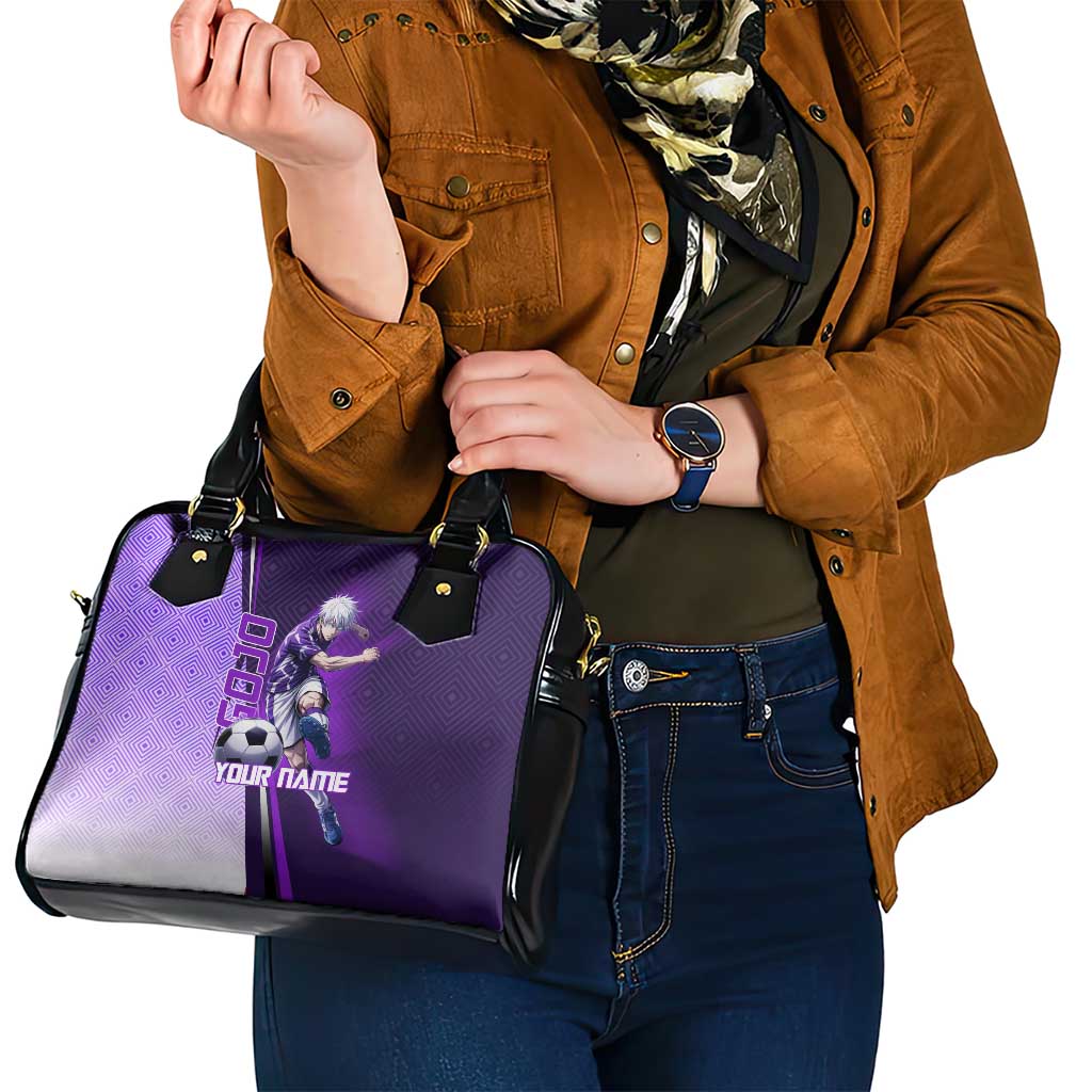 Personalized Gojo Satoru Jujutsu Kaisen Soccer Theme Shoulder Handbag with Kicking Pose and Purple Gradient Geometric Graphic Design - The Mazicc