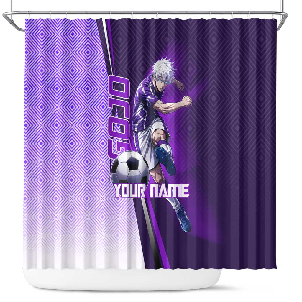 Personalized Gojo Satoru Jujutsu Kaisen Soccer Theme Shower Curtain with Kicking Pose and Purple Gradient Geometric Graphic Design - The Mazicc