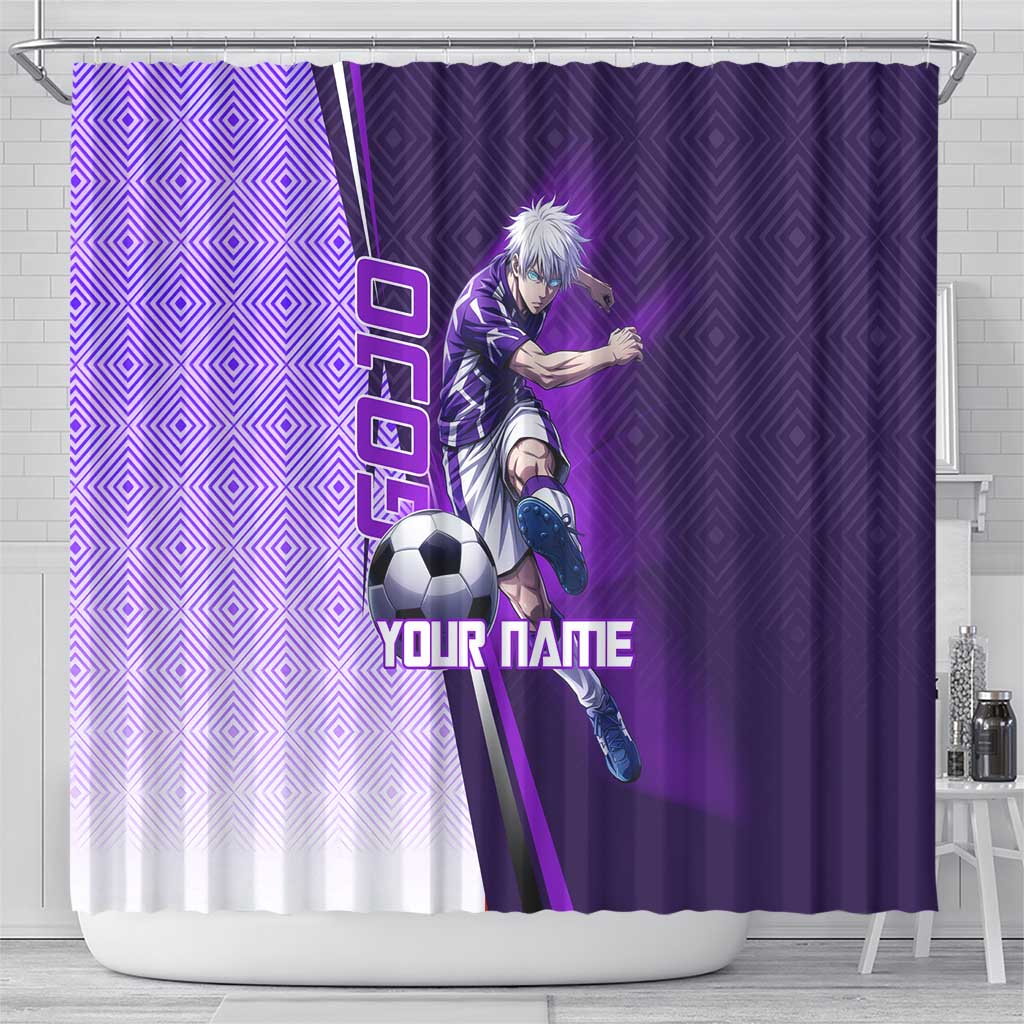 Personalized Gojo Satoru Jujutsu Kaisen Soccer Theme Shower Curtain with Kicking Pose and Purple Gradient Geometric Graphic Design - The Mazicc