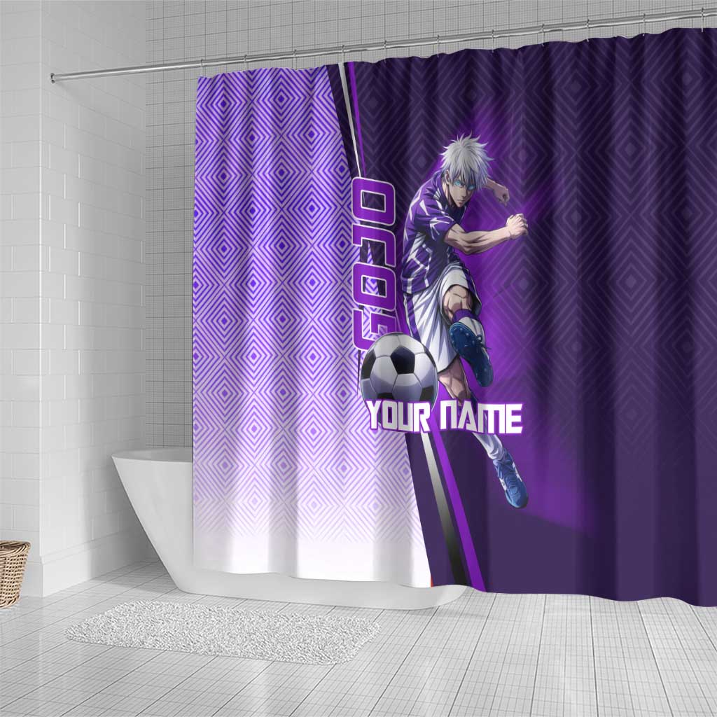 Personalized Gojo Satoru Jujutsu Kaisen Soccer Theme Shower Curtain with Kicking Pose and Purple Gradient Geometric Graphic Design - The Mazicc