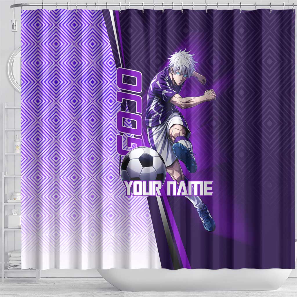 Personalized Gojo Satoru Jujutsu Kaisen Soccer Theme Shower Curtain with Kicking Pose and Purple Gradient Geometric Graphic Design - The Mazicc