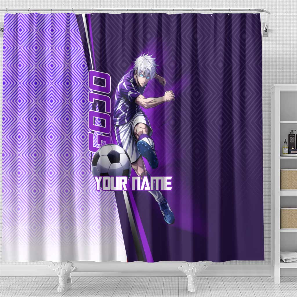 Personalized Gojo Satoru Jujutsu Kaisen Soccer Theme Shower Curtain with Kicking Pose and Purple Gradient Geometric Graphic Design - The Mazicc