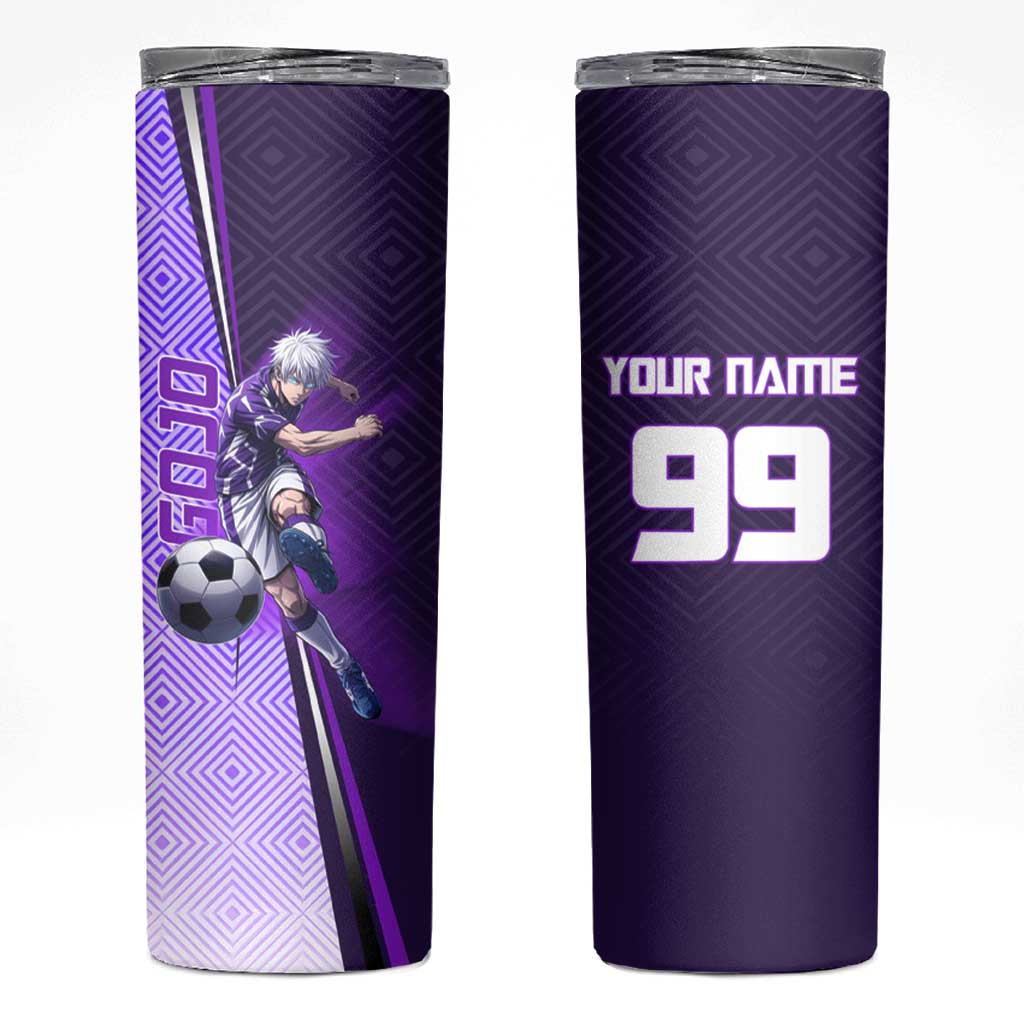 Personalized Gojo Satoru Jujutsu Kaisen Soccer Theme Skinny Tumbler with Kicking Pose and Purple Gradient Geometric Graphic Design - The Mazicc