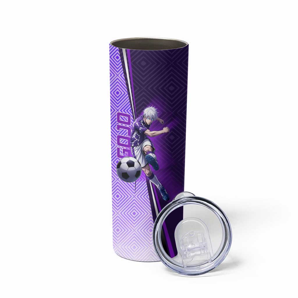 Personalized Gojo Satoru Jujutsu Kaisen Soccer Theme Skinny Tumbler with Kicking Pose and Purple Gradient Geometric Graphic Design - The Mazicc