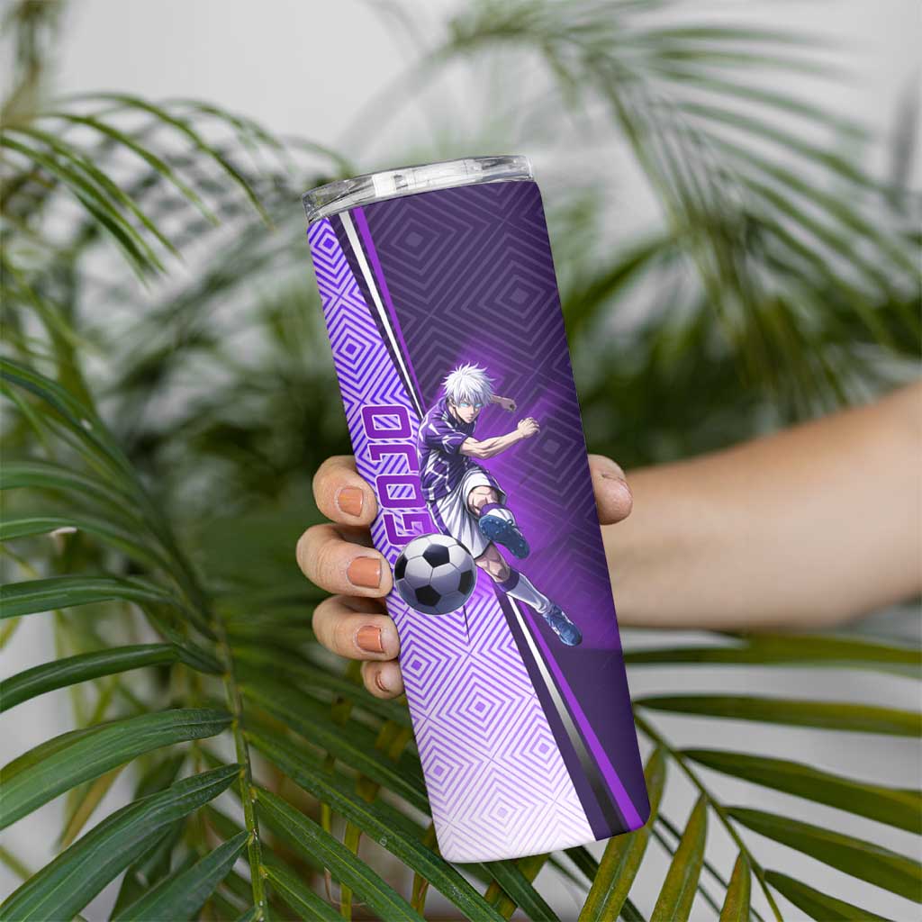 Personalized Gojo Satoru Jujutsu Kaisen Soccer Theme Skinny Tumbler with Kicking Pose and Purple Gradient Geometric Graphic Design - The Mazicc