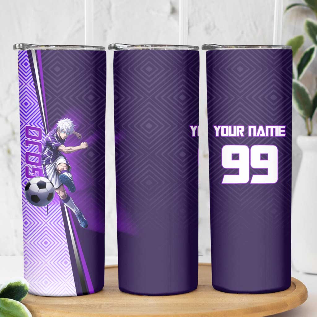 Personalized Gojo Satoru Jujutsu Kaisen Soccer Theme Skinny Tumbler with Kicking Pose and Purple Gradient Geometric Graphic Design - The Mazicc
