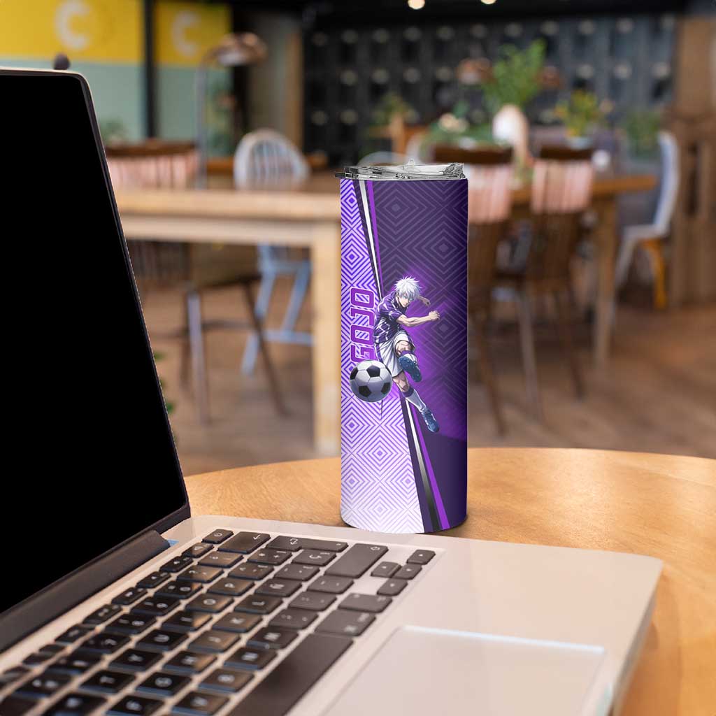 Personalized Gojo Satoru Jujutsu Kaisen Soccer Theme Skinny Tumbler with Kicking Pose and Purple Gradient Geometric Graphic Design - The Mazicc