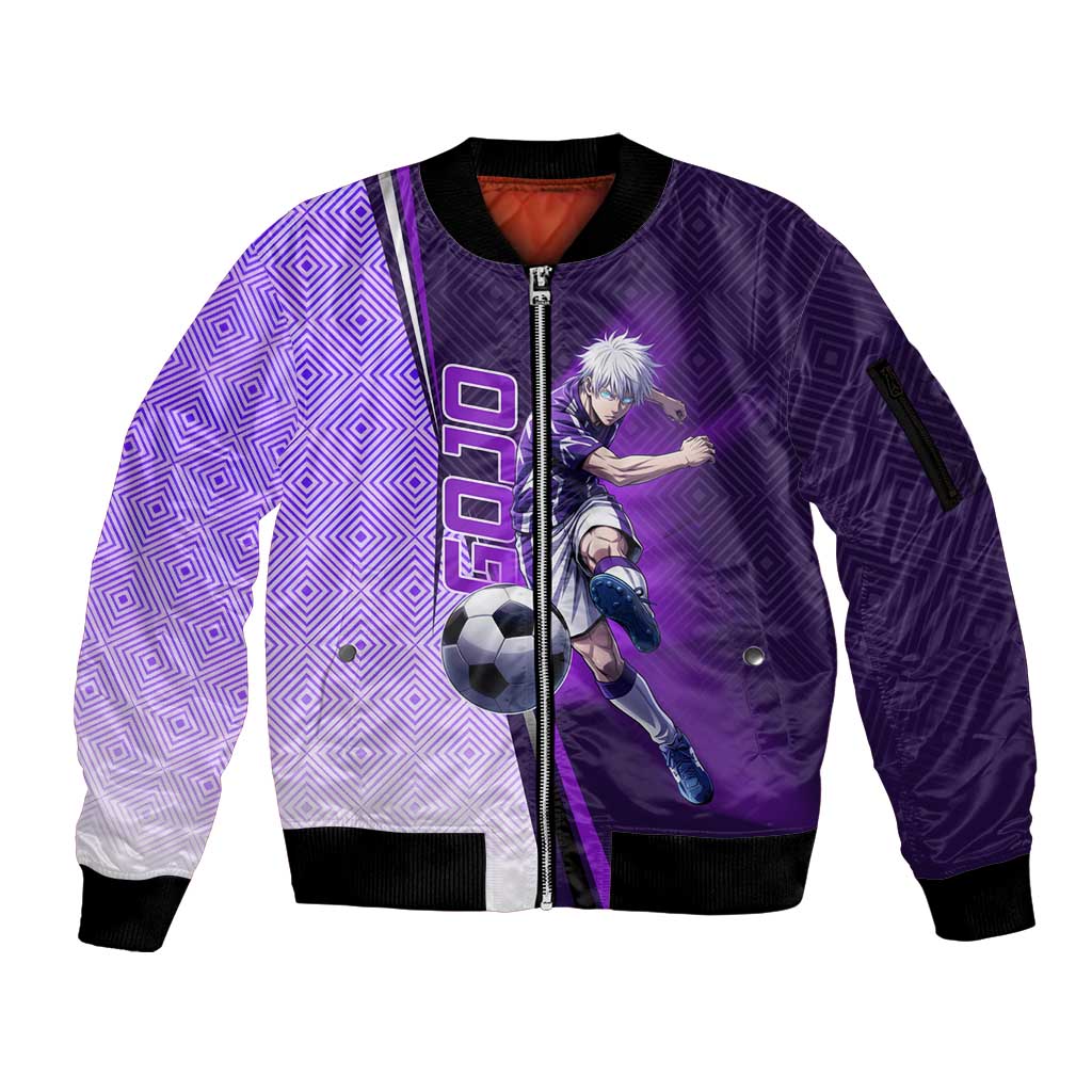 Personalized Gojo Satoru Jujutsu Kaisen Soccer Theme Sleeve Zip Bomber Jacket with Kicking Pose and Purple Gradient Geometric Graphic Design - The Mazicc