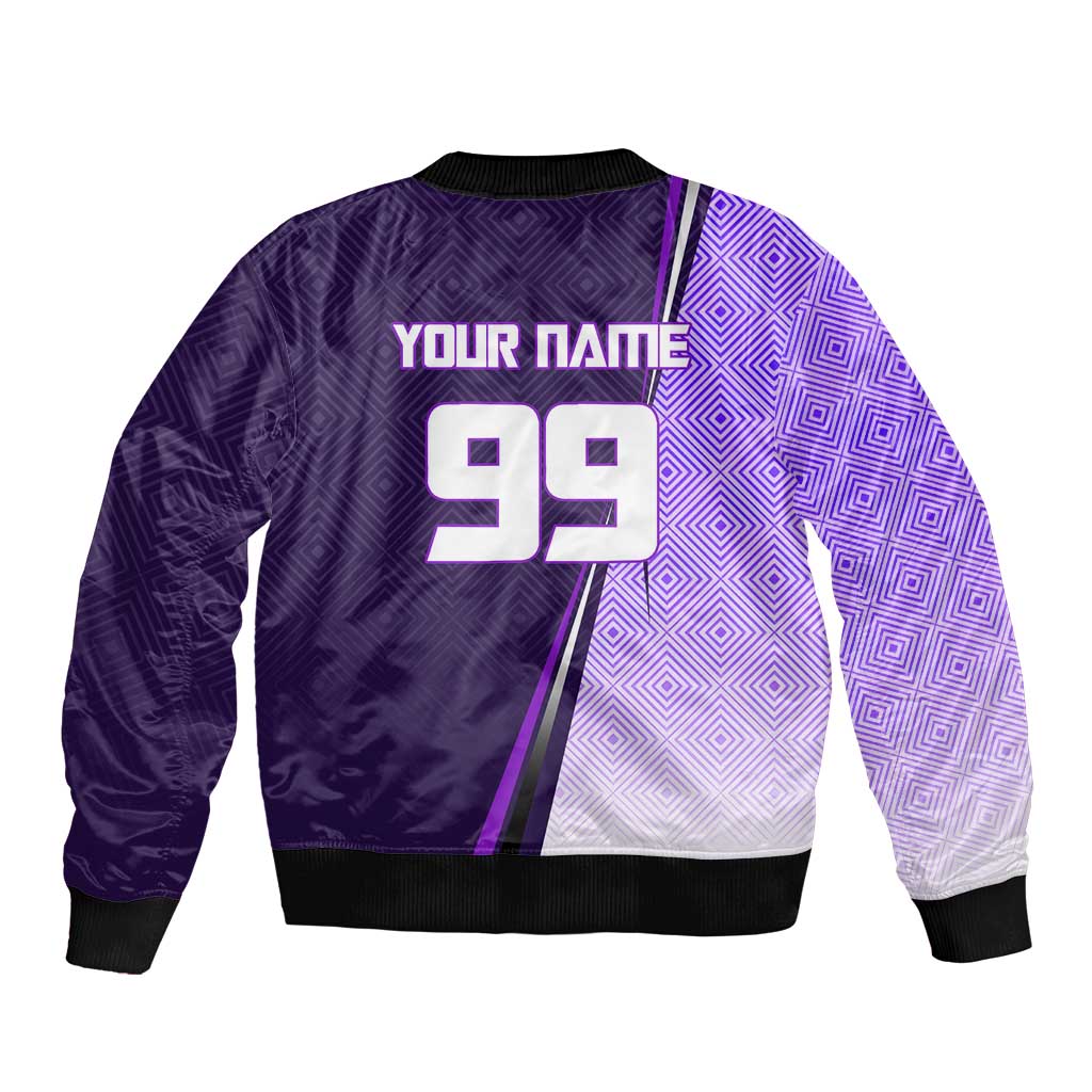 Personalized Gojo Satoru Jujutsu Kaisen Soccer Theme Sleeve Zip Bomber Jacket with Kicking Pose and Purple Gradient Geometric Graphic Design - The Mazicc