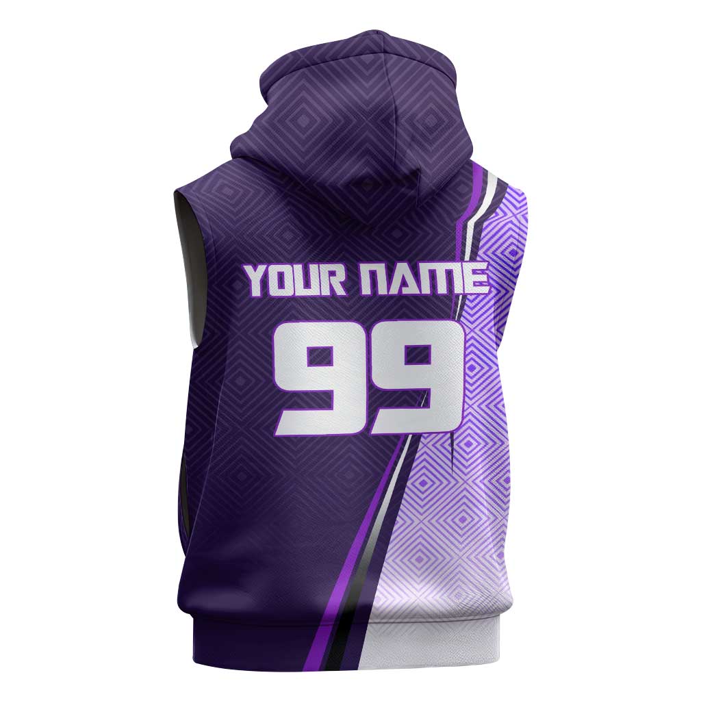 Personalized Gojo Satoru Jujutsu Kaisen Soccer Theme Sleeveless Hoodie with Kicking Pose and Purple Gradient Geometric Graphic Design - The Mazicc