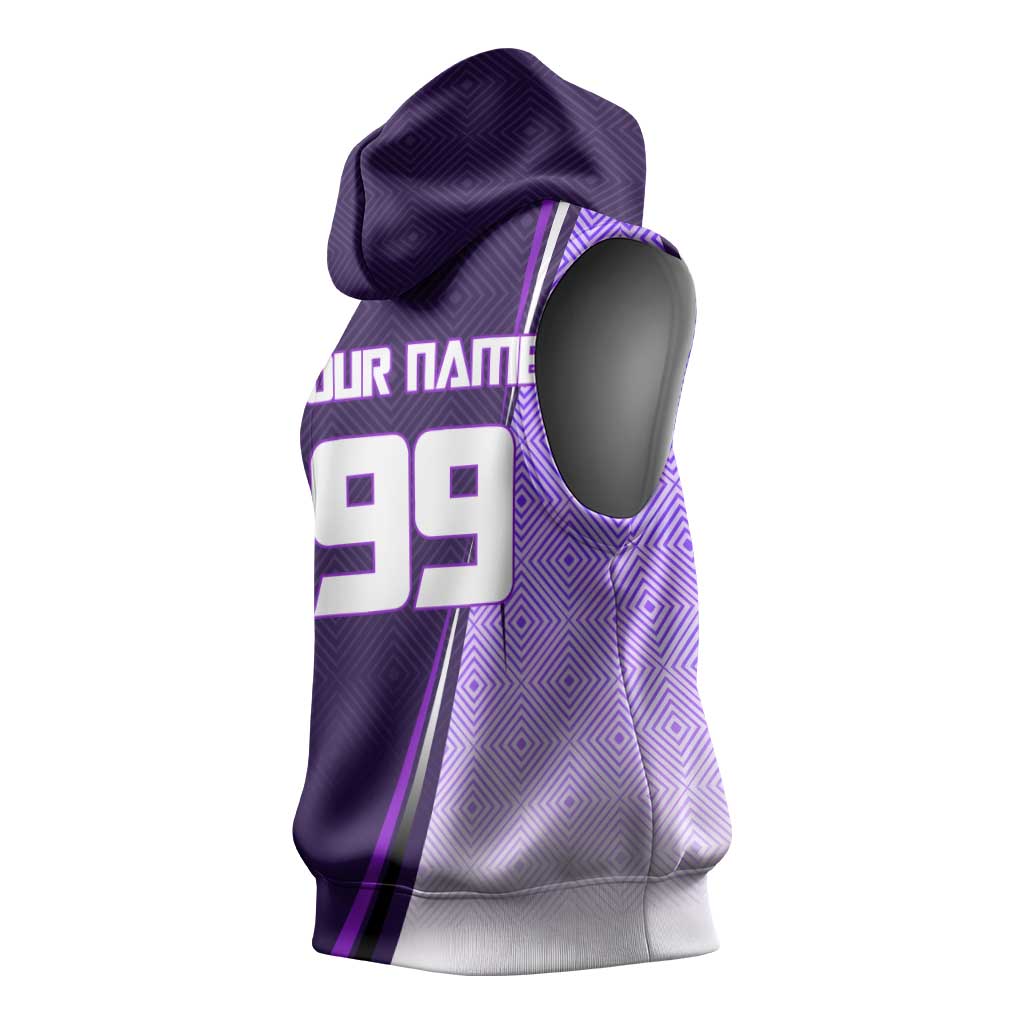Personalized Gojo Satoru Jujutsu Kaisen Soccer Theme Sleeveless Hoodie with Kicking Pose and Purple Gradient Geometric Graphic Design - The Mazicc