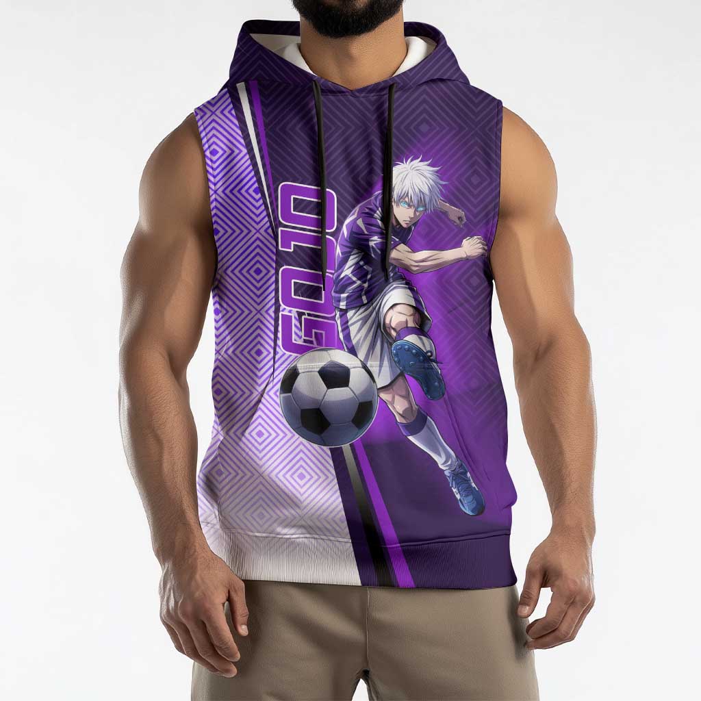 Personalized Gojo Satoru Jujutsu Kaisen Soccer Theme Sleeveless Hoodie with Kicking Pose and Purple Gradient Geometric Graphic Design - The Mazicc