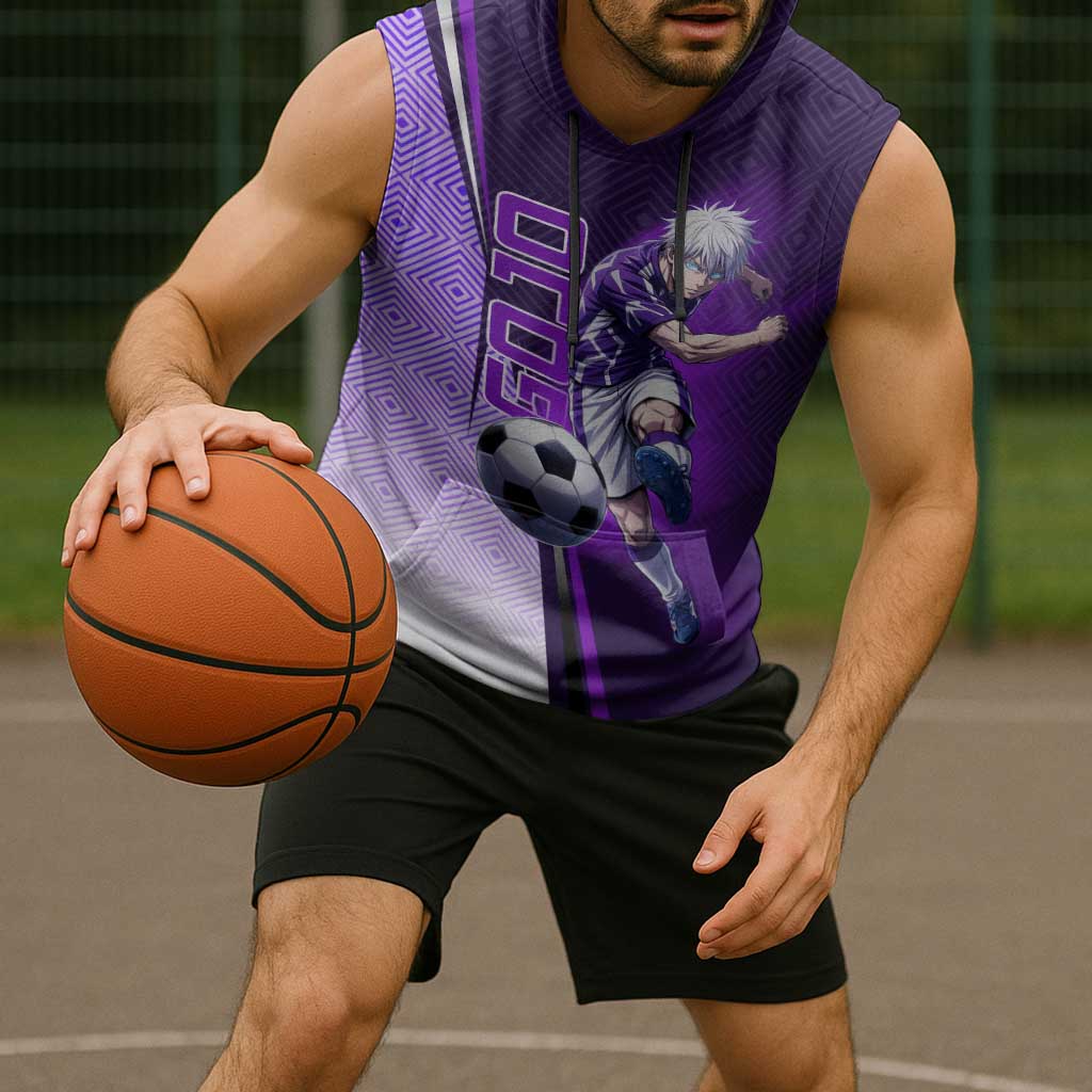 Personalized Gojo Satoru Jujutsu Kaisen Soccer Theme Sleeveless Hoodie with Kicking Pose and Purple Gradient Geometric Graphic Design - The Mazicc