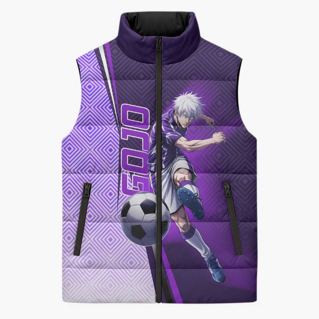 Personalized Gojo Satoru Jujutsu Kaisen Soccer Theme Sleeveless Puffer Jacket with Kicking Pose and Purple Gradient Geometric Graphic Design - The Mazicc