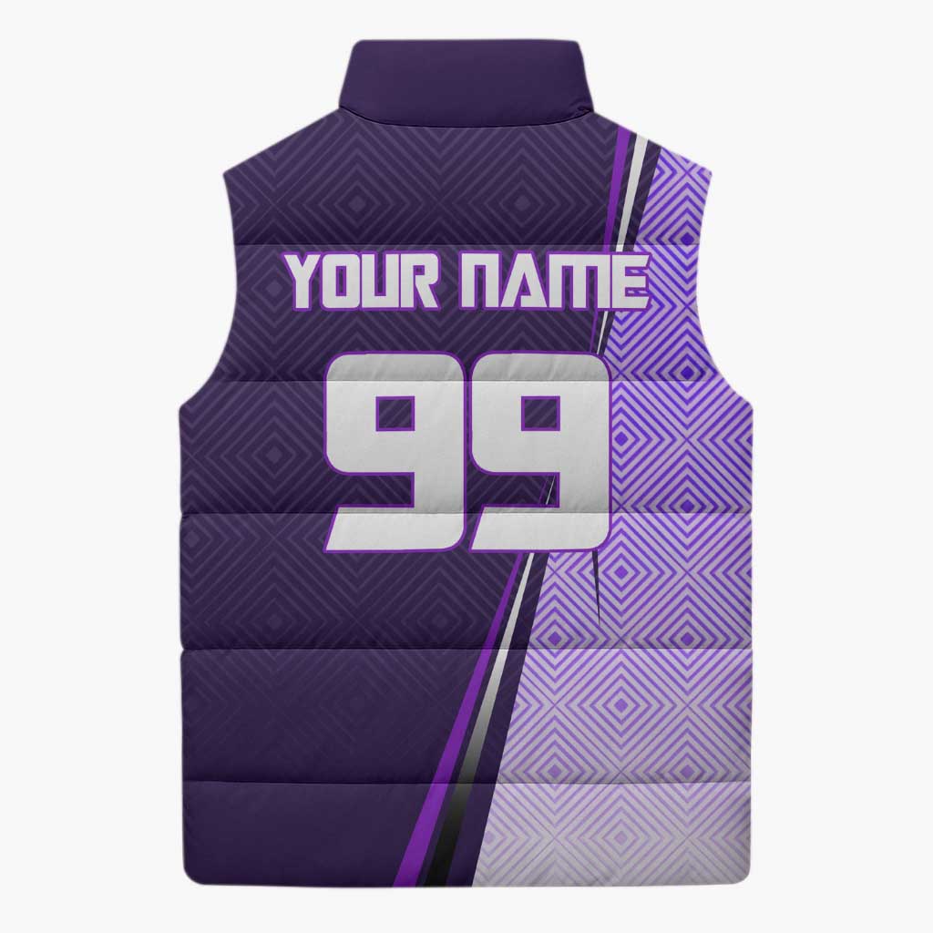 Personalized Gojo Satoru Jujutsu Kaisen Soccer Theme Sleeveless Puffer Jacket with Kicking Pose and Purple Gradient Geometric Graphic Design - The Mazicc