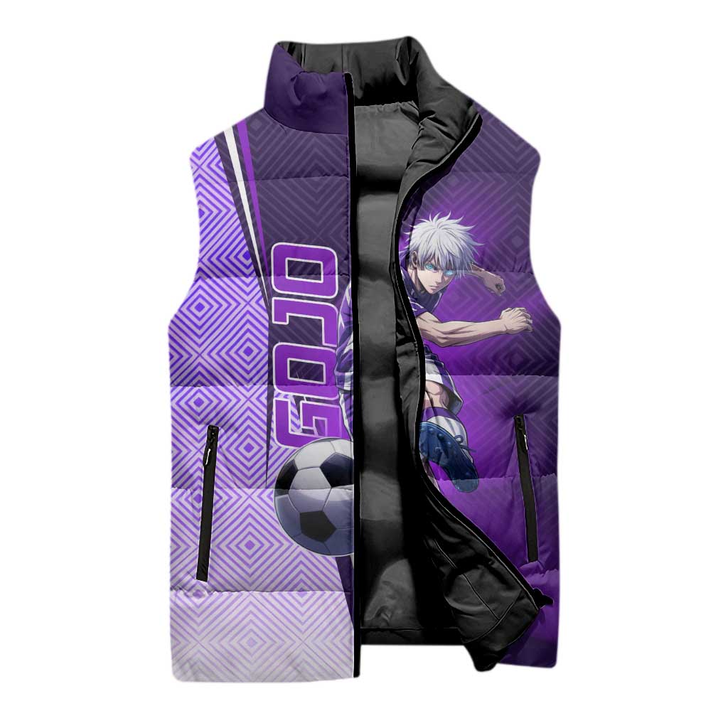 Personalized Gojo Satoru Jujutsu Kaisen Soccer Theme Sleeveless Puffer Jacket with Kicking Pose and Purple Gradient Geometric Graphic Design - The Mazicc